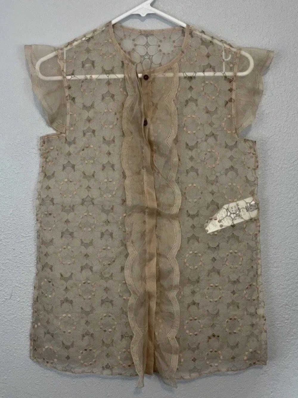 Valentino Spa Sheer Cream Button Up Silk Blend Cap Sleeve Floral Eyelet Top Sz 4